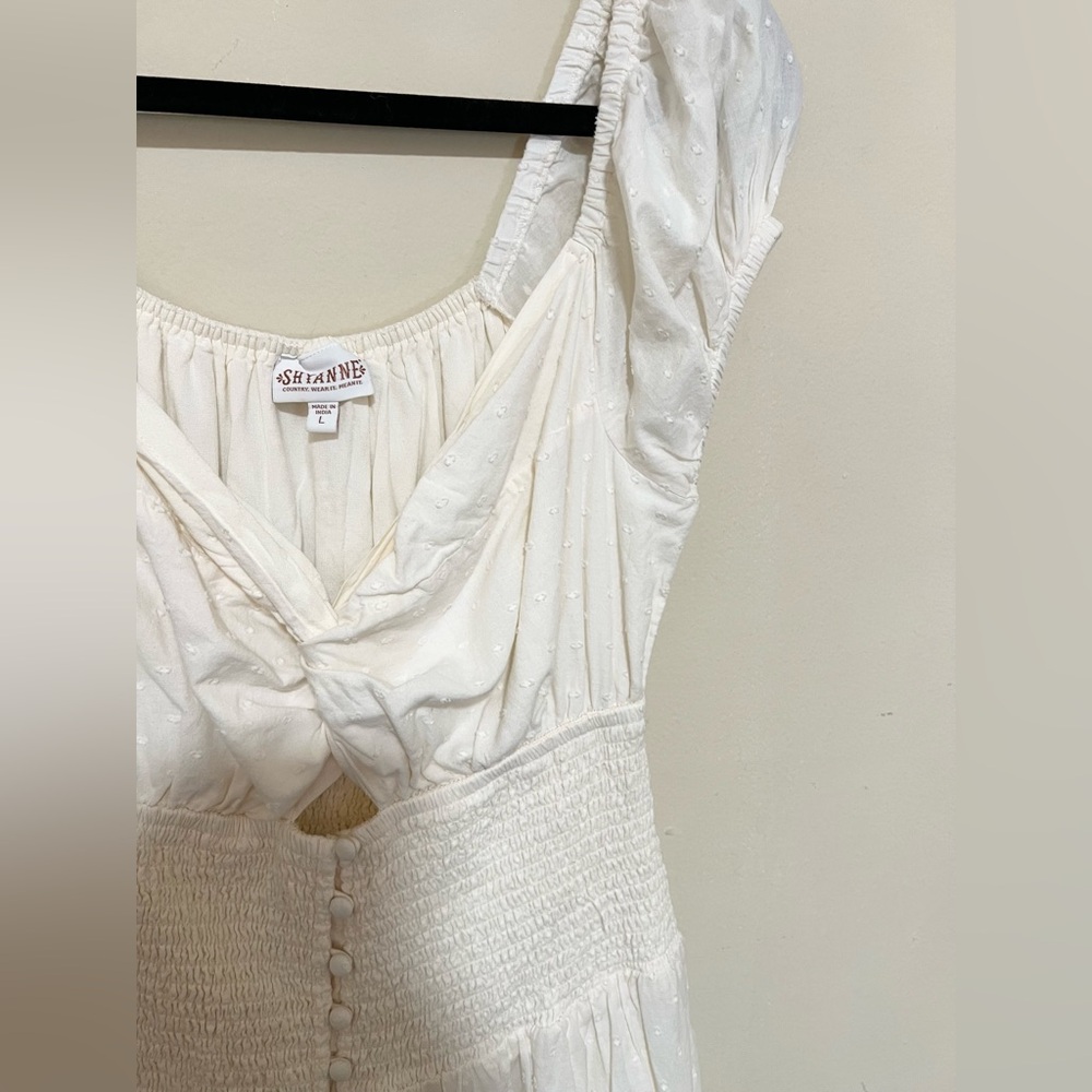 New L SHYANNE Smocked Twist Front Short Sleeve Midi High Low Cotton Cream Dress - Picture 8 of 16